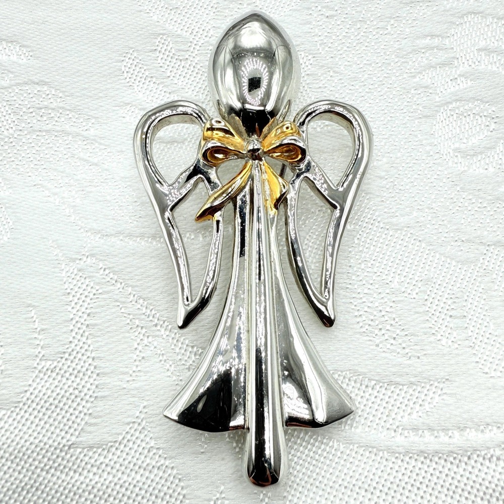 Vintage‎ Silver and Gold Tone Angel Pin Brooch or Pendant w/ Ribbon